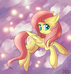 Size: 2897x3017 | Tagged: safe, artist:autumnvoyage, fluttershy, pegasus, pony, g4, cute, female, folded wings, high res, looking at you, mare, shyabetes, sky, solo, wings