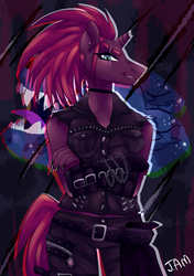 Size: 2500x3550 | Tagged: safe, artist:ihasjessie-kat, tempest shadow, anthro, g4, broken horn, clothes, ear piercing, eye scar, female, high res, horn, leather vest, looking at you, nose piercing, piercing, scar, smiling, solo