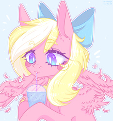 Size: 1826x1956 | Tagged: safe, artist:gunya, oc, oc only, oc:bay breeze, pegasus, pony, blushing, bow, cute, drink, ear fluff, female, hair bow, heart, heart eyes, mare, simple background, sipping, white pupils, wingding eyes
