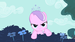 Size: 1280x720 | Tagged: safe, screencap, diamond tiara, earth pony, pony, flight to the finish, g4, angry, female, filly, flower, frown, jewelry, looking at you, tiara