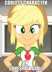 Size: 500x690 | Tagged: safe, edit, edited screencap, screencap, applejack, diy with applejack, equestria girls, g4, my little pony equestria girls: better together, caption, cute, geode of super strength, hat, image macro, imgflip, magical geodes, smiling, text