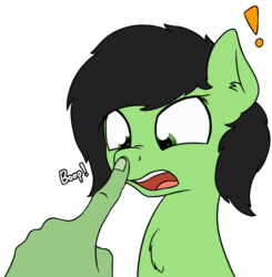 Size: 743x757 | Tagged: safe, artist:czaroslaw, oc, oc only, oc:anon, oc:filly anon, earth pony, human, pony, boop, chest fluff, exclamation point, female, filly, non-consensual booping, offscreen character, open mouth, simple background, transparent background