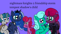 Size: 1920x1080 | Tagged: safe, artist:徐詩珮, fizzlepop berrytwist, glitter drops, princess luna, stygian, tempest shadow, oc, oc:betty pop, alicorn, pony, unicorn, comic:nightmare knights 2 friendship storm tempest shadow's child, g4, my little pony: the movie, alicornified, auntie luna, child, ethereal mane, family, female, glittercorn, lesbian, magical lesbian spawn, male, mare, mother and daughter, next generation, nightmare five, offspring, parent:glitter drops, parent:tempest shadow, parents:glittershadow, purple background, race swap, ship:glittershadow, shipping, simple background, stallion, starry mane