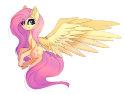 Size: 1022x782 | Tagged: safe, artist:creepyfreddy, artist:ohsushime, fluttershy, pegasus, pony, g4, colored pupils, cute, ear fluff, eye clipping through hair, female, large wings, leg fluff, shyabetes, simple background, solo, spread wings, transparent background, wings