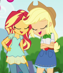 Size: 415x477 | Tagged: safe, screencap, applejack, sunset shimmer, equestria girls, equestria girls specials, g4, my little pony equestria girls: dance magic, cropped