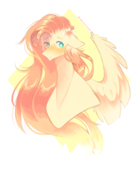 Size: 1024x1254 | Tagged: safe, artist:prettyshinegp, fluttershy, pegasus, pony, g4, abstract background, blushing, bust, cute, ear fluff, female, floppy ears, flower, flower in hair, mare, portrait, shyabetes, simple background, solo, spread wings, transparent background, white pupils, wing fluff, wings
