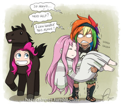 Size: 725x638 | Tagged: safe, artist:hazurasinner, fluttershy, pinkie pie, rainbow dash, horse, human, g4, agro, bridal carry, carrying, clothes, costume, crossover, humanized, mono, shadow of the colossus, video game, wander, white eyes