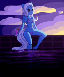 Size: 2500x3000 | Tagged: safe, artist:moonprincessmara, trixie, unicorn, anthro, unguligrade anthro, g4, belly button, bikini, breasts, clothes, cloud, cocktail, commission, female, high res, sitting, smiling, solo, sunset, swimming pool, swimsuit, water, ych result