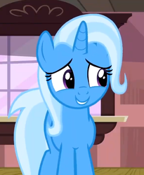 Size: 683x833 | Tagged: safe, screencap, trixie, pony, unicorn, all bottled up, g4, cropped, cute, diatrixes, female, front view, horn, looking away, mare, missing accessory, outdoors, sheepish grin, solo, standing, train station