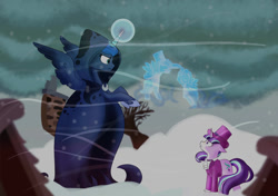 Size: 1280x900 | Tagged: safe, artist:magiak416, princess luna, snowfall frost, spirit of hearth's warming yet to come, starlight glimmer, alicorn, pony, unicorn, a hearth's warming tail, g4, cloak, clothes, duo, female, floppy ears, hat, hoof shoes, magic, mare, no catchlights, profile, scene interpretation, snow, snowflake
