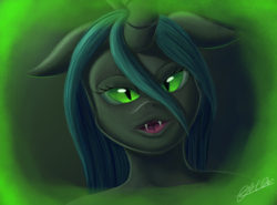 Size: 2337x1730 | Tagged: safe, artist:theunconsistentone, queen chrysalis, changeling, changeling queen, anthro, g4, fangs, female, hypnosis, kissy face, lips, offscreen character, pov
