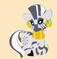 Size: 1006x1031 | Tagged: safe, artist:ponycide, zecora, pony, zebra, g4, ear piercing, female, jewelry, orange background, piercing, ponyloaf, prone, simple background, sitting, solo