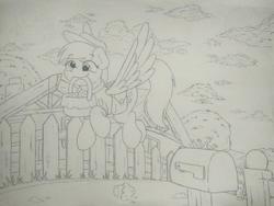 Size: 1040x780 | Tagged: safe, artist:ljdamz1119, derpy hooves, pegasus, pony, g4, basket, female, flying, food, hat, mailbox, mailmare, mailmare hat, mare, monochrome, muffin, saddle bag, sketch, smiling, solo, traditional art