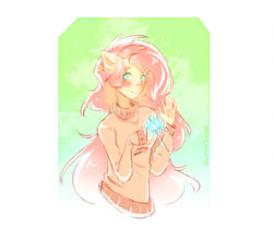 Size: 1024x863 | Tagged: safe, artist:prettyshinegp, fluttershy, butterfly, human, g4, blushing, clothes, cute, eared humanization, eye clipping through hair, female, humanized, shyabetes, solo, sweater, sweatershy