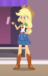 Size: 381x607 | Tagged: safe, screencap, applejack, diy with applejack, equestria girls, g4, my little pony equestria girls: better together, applejack's hat, belt, boots, clothes, collar, cowboy boots, cowboy hat, cropped, cutie mark on clothes, denim, denim skirt, female, freckles, geode of super strength, hair tie, hand on hip, hat, indoors, legs, magical geodes, paint roller, ponytail, rarity's bedroom, shirt, shoes, skirt, smiling, solo, standing, stetson, teenager