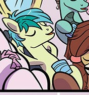 Size: 177x189 | Tagged: safe, artist:kate sherron, sandbar, silverstream, yona, zephyr breeze, classical hippogriff, earth pony, hippogriff, pony, yak, friendship is magic #74, g4, spoiler:comic, cropped, eyes closed, female, hooves behind head, male, offscreen character, relaxing, smiling