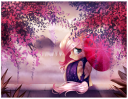 Size: 900x697 | Tagged: safe, artist:cabbage-arts, fluttershy, pegasus, pony, g4, cherry blossoms, clothes, female, flower, flower blossom, kimono (clothing), looking at you, looking back, looking back at you, mare, mountain, outdoors, sitting, smiling, solo, tree, umbrella