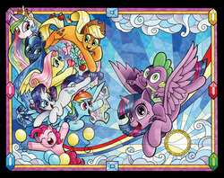 Size: 800x633 | Tagged: safe, artist:andypriceart, applejack, fluttershy, pinkie pie, princess celestia, princess luna, rainbow dash, rarity, spike, twilight sparkle, alicorn, butterfly, dragon, earth pony, pegasus, pony, unicorn, idw, apple, balloon, cloud, comic cover, deviantart watermark, dragons riding ponies, female, flying, food, frame, gemstones, looking at each other, looking at you, male, mane seven, mane six, mare, obtrusive watermark, rainbow, riding, smiling, stained glass, sun, sunshine, twilight sparkle (alicorn), watermark, wrap around