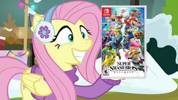 Size: 1200x675 | Tagged: safe, artist:funnygamer95, edit, edited screencap, screencap, fluttershy, inkling, pikachu, puffball, yoshi, best gift ever, g4, animal crossing, clothes, crossover, donkey kong, earthbound, female, fire emblem, fox mccloud, happy, ice climbers, inkling girl, kid icarus, kirby, kirby (series), link, male, mario, marth, meme, metroid, ness, nintendo, pit (kid icarus), pokémon, princess peach, samus aran, splatoon, star fox, super mario bros., super smash bros., super smash bros. ultimate, the legend of zelda, toon link, villager, winter outfit