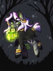 Size: 768x1024 | Tagged: safe, artist:jackytheripperart, zecora, pony, zebra, g4, luna eclipsed, alternate hairstyle, clothes, costume, cute, ear fluff, ear piercing, earring, eye clipping through hair, female, jewelry, lamp, mouth hold, nightmare night, piercing, solo, zecorable