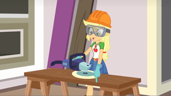 Size: 1920x1080 | Tagged: safe, screencap, applejack, diy with applejack, equestria girls, g4, my little pony equestria girls: better together, clothes, female, geode of super strength, gloves, goggles, hard hat, magical geodes, power tools, smiling, solo, wood