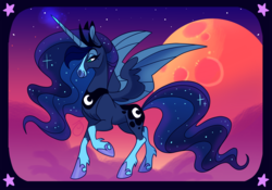 Size: 3000x2100 | Tagged: safe, artist:janegumball, princess luna, alicorn, horse, pony, g4, alternate design, blaze (coat marking), cloud, coat markings, ethereal mane, facial markings, female, full moon, glowing horn, high res, hoers, hoof shoes, horn, mare, moon, night, smiling, socks (coat markings), solo, starry mane