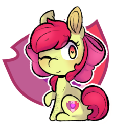 Size: 450x501 | Tagged: safe, artist:urbanqhoul, apple bloom, earth pony, pony, g4, adorabloom, apple bloom's bow, bow, cute, cutie mark background, eye clipping through hair, eyebrows, eyebrows visible through hair, female, filly, gradient eyes, hair bow, heart eyes, one eye closed, sitting, solo, wingding eyes