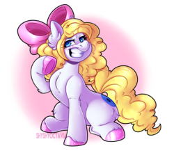 Size: 3488x3065 | Tagged: safe, artist:shyshyoctavia, oc, oc only, oc:treble spirit, pony, unicorn, bow, commission, ear fluff, female, grin, hair bow, high res, mare, raised hoof, signature, simple background, smiling, solo, transparent background