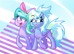 Size: 1280x934 | Tagged: safe, artist:furfurfrou, cloudchaser, flitter, pegasus, pony, g4, bow, cute, cutechaser, duo, female, flitterbetes, hair bow, mare, open mouth, siblings, sisters, smiling