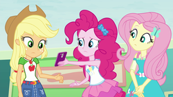 Size: 1920x1080 | Tagged: safe, screencap, applejack, fluttershy, pinkie pie, equestria girls, equestria girls series, g4, rollercoaster of friendship, cellphone, female, geode of fauna, geode of sugar bombs, geode of super strength, magical geodes, phone