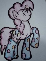 Size: 384x512 | Tagged: artist needed, safe, pinkie pie, earth pony, pony, g4, clothes, cupcake, eyes closed, female, food, mare, raised hoof, simple background, socks, solo, traditional art, white background