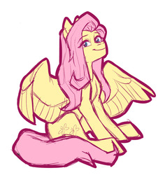 Size: 1126x1195 | Tagged: safe, artist:3-14sin, artist:apilsinn, fluttershy, pegasus, pony, g4, cute, eye clipping through hair, female, looking at you, no pupils, shyabetes, simple background, sitting, solo, spread wings, white background, wings