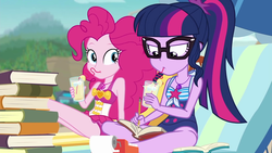 Size: 1920x1080 | Tagged: safe, screencap, pinkie pie, sci-twi, twilight sparkle, equestria girls, friendship math, g4, my little pony equestria girls: better together, book, clothes, duo, duo female, female, geode of sugar bombs, geode of telekinesis, juice, lemonade, magical geodes, swimsuit