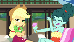 Size: 1920x1080 | Tagged: safe, screencap, applejack, leafy mint, equestria girls, g4, my little pony equestria girls: better together, turf war, background human, beach, clothes, disgusted, food, geode of super strength, hair, ice cream, lifeguard, lifeguard applejack, magical geodes, swimsuit