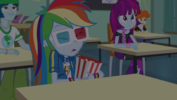 Size: 1920x1080 | Tagged: safe, screencap, captain planet, golden hazel, mystery mint, rainbow dash, equestria girls, equestria girls series, g4, the last day of school, 3d glasses, background human, food, geode of super speed, magical geodes, popcorn