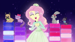 Size: 1920x1080 | Tagged: safe, screencap, fluttershy, cat, dog, rabbit, equestria girls, equestria girls series, so much more to me, clothes, cute, dress, female, shyabetes, singing