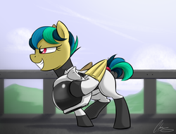 Size: 3253x2473 | Tagged: safe, artist:oinktweetstudios, oc, oc only, oc:apogee, pegasus, pony, astronaut, female, filly, grin, helmet, high res, mare, smiling, solo, spacesuit, teenager