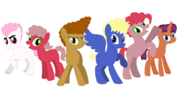 Size: 1280x650 | Tagged: safe, artist:dexterousdecarius, oc, oc:buff biceps, oc:cal, oc:calzone, oc:flash hunter, oc:hunter, oc:pepper, oc:rhubarb, oc:sizzle spark, pony, base used, offspring, parent:bulk biceps, parent:cheese sandwich, parent:flash sentry, parent:fluttershy, parent:pinkie pie, parent:tempest shadow, parent:twilight sparkle, parents:cheesepie, parents:flashlight, parents:flutterbulk, parents:tempestsentry, simple background, transparent background