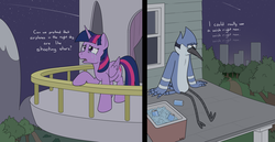 Size: 4453x2299 | Tagged: safe, artist:rapidstrike, twilight sparkle, alicorn, blue jay, pony, g4, aeroplanes and meteor showers, airplanes (song), b.o.b., balcony, cartoon network, crossover, crossover shipping, crying, female, hayley williams, lyrics, male, mare, meme, mordecai, mordetwi, night, redraw mordetwi meme, regular show, sad, shipping, song reference, stars, straight, text, twilight sparkle (alicorn)