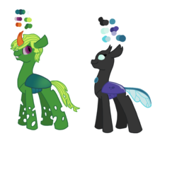 Size: 768x768 | Tagged: safe, artist:dexterousdecarius, oc, oc:carapace, oc:elytra, changeling, hybrid, brother and sister, changeling oc, female, green changeling, headcanon in the description, male, parent:queen chrysalis, parent:thorax, parents:chrysarax, simple background, transparent background