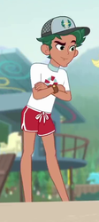 Size: 373x836 | Tagged: safe, screencap, timber spruce, equestria girls, equestria girls series, g4, turf war, cap, clothes, cropped, crossed arms, hat, legs, lifeguard, lifeguard timber, male, shorts, smiling
