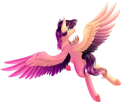 Size: 3000x2481 | Tagged: safe, artist:ohhoneybee, oc, oc only, oc:summer, pegasus, pony, female, flying, high res, mare, simple background, solo, transparent background, two toned wings, underhoof