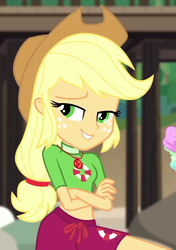 Size: 707x1006 | Tagged: safe, screencap, applejack, equestria girls, g4, my little pony equestria girls: better together, turf war, applejack's hat, clothes, cowboy hat, cropped, crossed arms, female, geode of super strength, hat, lifeguard, lifeguard applejack, magical geodes, midriff, shorts, smiling, solo, swimsuit