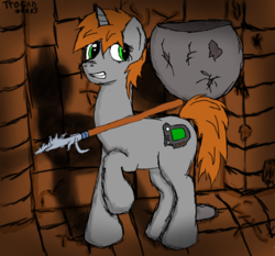 Size: 2250x2100 | Tagged: safe, artist:terminalhash, oc, oc only, oc:littlepip, pony, unicorn, fallout equestria, cutie mark, fallout, fallout 2, fanfic, fanfic art, female, gritted teeth, high res, hooves, horn, mare, raised hoof, solo, spear, weapon