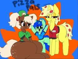 Size: 512x387 | Tagged: safe, artist:chillywilly, oc, oc only, oc:chilly willy, oc:pizazz, oc:rooty booty, food pony, original species, pizza pony, pony, soda pony, unicorn, bottlecap, butt freckles, clothes, eyeshadow, food, freckles, hat, large butt, makeup, meat, name tag, pepperoni, pigtails, ponified, shirt, thunder thighs