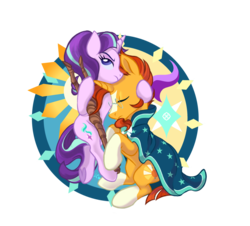 Size: 2200x1990 | Tagged: safe, artist:ingresar, starlight glimmer, sunburst, pony, unicorn, g4, female, male, s5 starlight, ship:starburst, shipping, staff, staff of sameness, straight, underhoof