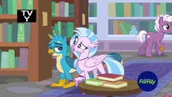 Size: 1920x1080 | Tagged: safe, screencap, gallus, loganberry, silverstream, classical hippogriff, earth pony, griffon, hippogriff, pony, a matter of principals, g4, book, bookshelf, discovery family logo, duo focus, female, friendship student, library, male, stallion, table