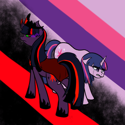 Size: 600x600 | Tagged: safe, artist:sinsays, twilight sparkle, pony, unicorn, ask corrupted twilight sparkle, tumblr:ask corrupted twilight sparkle, g4, cape, clothes, color change, corrupted, corrupted element of harmony, corrupted element of magic, corrupted twilight sparkle, crown, crying, curved horn, dark, dark equestria, dark magic, dark queen, dark world, darkened coat, darkened hair, duo, duo female, exploitable meme, failure, female, floppy ears, gritted teeth, hoof shoes, horn, jewelry, magic, meme, necklace, part of a series, queen twilight, regalia, sad, sombra empire, sombra eyes, sombra horn, tiara, tumblr, two sides, tyrant sparkle, unicorn twilight, upset, worlds collide