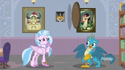 Size: 1920x1080 | Tagged: safe, screencap, aurora (g4), gallus, silverstream, yickslur, classical hippogriff, griffon, hippogriff, a matter of principals, g4, bookshelf, bust, chair, crown, crown of grover, discovery family logo, duo, female, jewelry, library, male, portrait, regalia