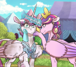 Size: 1034x912 | Tagged: safe, artist:inuhoshi-to-darkpen, princess cadance, princess flurry heart, alicorn, pony, g4, adult, adult flurry heart, armor, armor skirt, cloud, crystal guard armor, duo, feathered fetlocks, female, fluffy, grass, leonine tail, magic, magic aura, mama cadence, mare, mother and daughter, mothers gonna mother, older, older flurry heart, older princess cadance, raised hoof, skirt, sky, story in the comments, telekinesis, warrior flurry heart